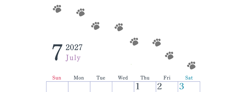 2027年7月カレンダーは縦型日曜始まり で猫が自由気ままに歩き回った足あとがかわいい♪ダウンロード無料♪ 【No.202701260710】