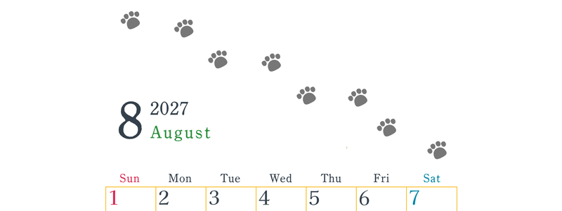 2027年8月カレンダーは縦型日曜始まりで猫が自由気ままに歩き回った足あとがかわいい♪ダウンロード無料♪ 【No.202701260810】