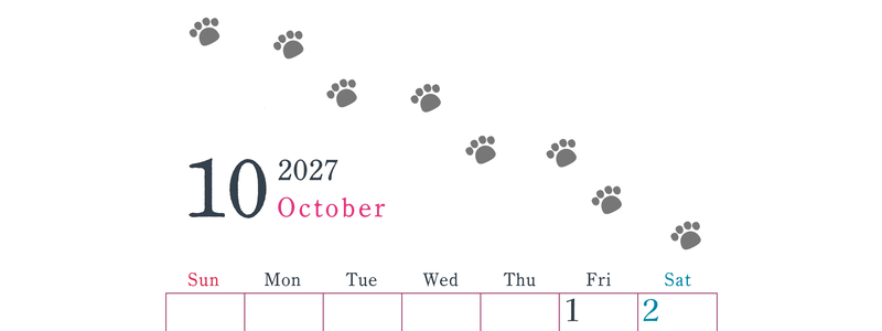 2027年10月カレンダーは縦型日曜始まりで猫が自由気ままに歩き回った足あとがかわいい♪ダウンロード無料♪ 【No.202701261010】