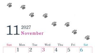 2027年11月カレンダーは縦型日曜始まりで猫が自由気ままに歩き回った足あとがかわいい♪ダウンロード無料♪ 【No.202701261110】