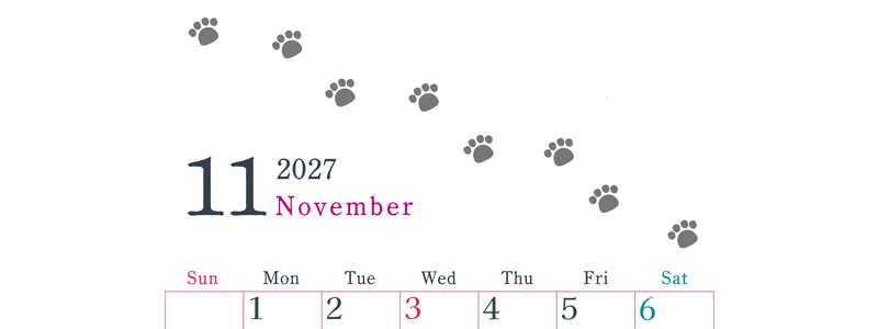 2027年11月カレンダーは縦型日曜始まりで猫が自由気ままに歩き回った足あとがかわいい♪ダウンロード無料♪ 【No.202701261110】