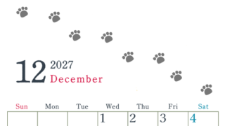 2027年12月カレンダーは縦型日曜始まりで猫が自由気ままに歩き回った足あとがかわいい♪ダウンロード無料♪ 【No.202701261210】