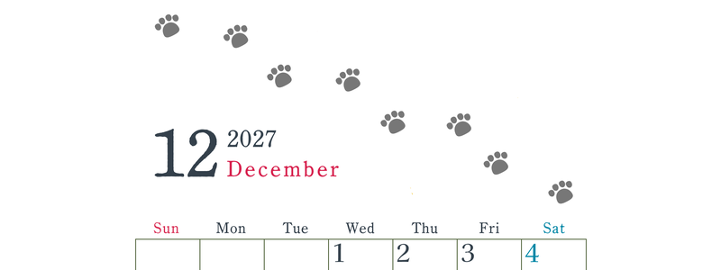 2027年12月カレンダーは縦型日曜始まりで猫が自由気ままに歩き回った足あとがかわいい♪ダウンロード無料♪ 【No.202701261210】