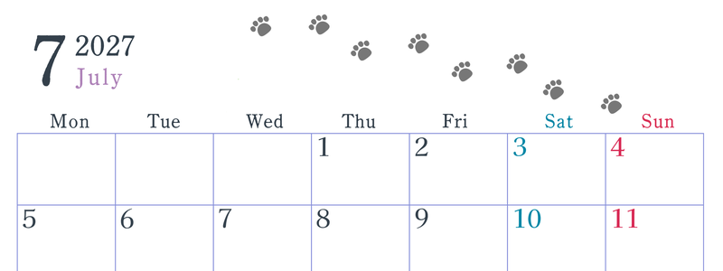 2027年7月カレンダーは横型月曜始まり で猫が自由気ままに歩き回った足あとがかわいい♪ダウンロード無料♪ 【No.202701260701】