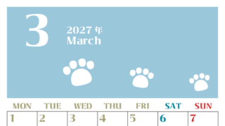 2027年3月カレンダー(印刷用)は縦型月曜始まりで猫の肉球がおしゃれかわいいカラフルな無料イラスト付き素材♪ 【No.202701270311】