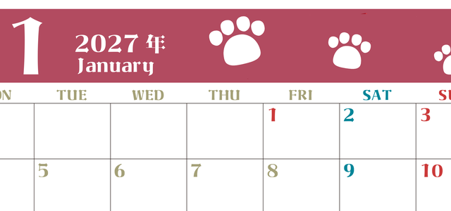 2027年1月カレンダー(印刷用)は横型月曜始まりで猫の肉球がおしゃれかわいいカラフルな無料イラスト付き素材♪ 【No.202701270101】