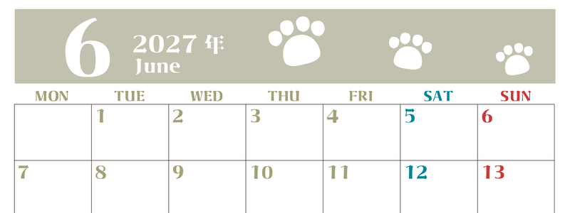 2027年6月カレンダー(印刷用)は横型月曜始まりで猫の肉球がおしゃれかわいいカラフルな無料イラスト付き素材♪ 【No.202701270601】