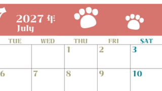 2027年7月カレンダー(印刷用)は横型月曜始まりで猫の肉球がおしゃれかわいいカラフルな無料イラスト付き素材♪ 【No.202701270701】
