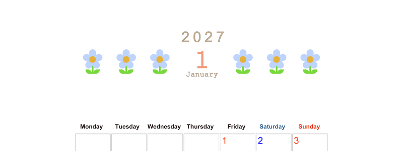 2027年カレンダー(印刷用・無料)1月は縦型月曜始まりでおしゃれな花のイラストが暮らしに癒しを与えてくれる 【No.202701310111】