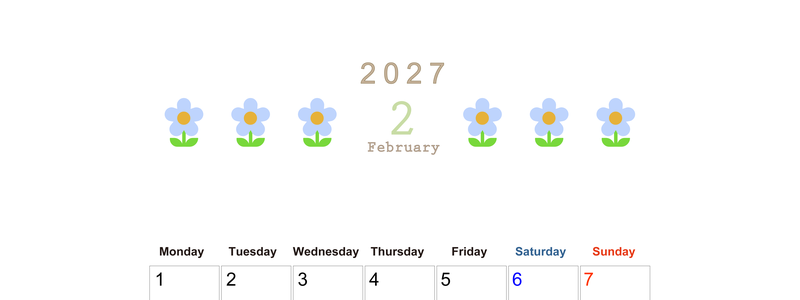 2027年カレンダー(印刷用・無料)2月は縦型月曜始まりでおしゃれな花のイラストが暮らしに癒しを与えてくれる 【No.202701310211】