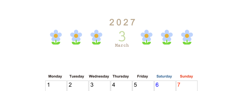 2027年カレンダー(印刷用・無料)3月は縦型月曜始まりでおしゃれな花のイラストが暮らしに癒しを与えてくれる 【No.202701310311】