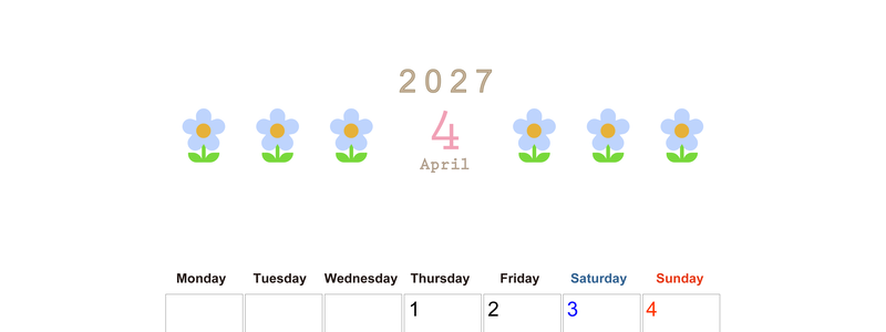 2027年カレンダー(印刷用・無料)4月は縦型月曜始まりでおしゃれな花のイラストが暮らしに癒しを与えてくれる 【No.202701310411】