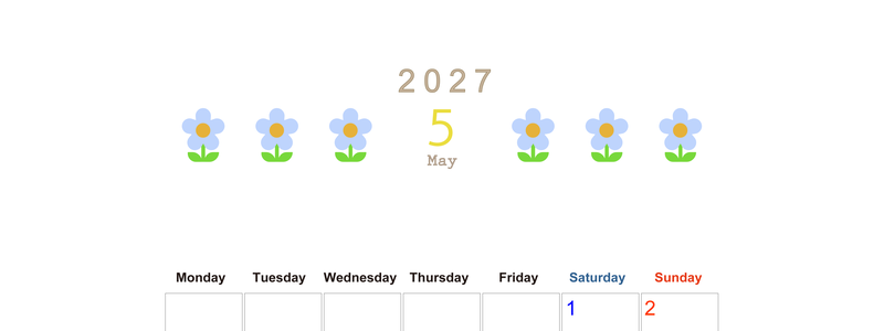 2027年カレンダー(印刷用・無料)5月は縦型月曜始まりでおしゃれな花のイラストが暮らしに癒しを与えてくれる 【No.202701310511】
