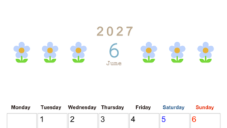 2027年カレンダー(印刷用・無料)6月は縦型月曜始まりでおしゃれな花のイラストが暮らしに癒しを与えてくれる 【No.202701310611】