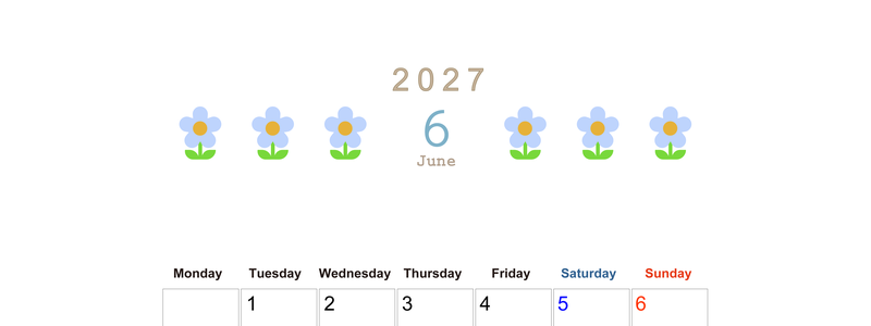 2027年カレンダー(印刷用・無料)6月は縦型月曜始まりでおしゃれな花のイラストが暮らしに癒しを与えてくれる 【No.202701310611】
