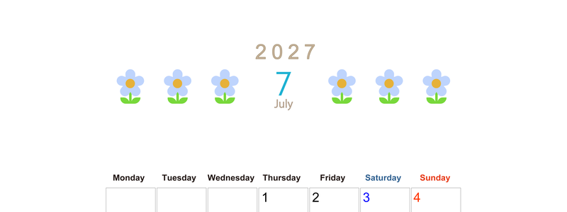 2027年カレンダー(印刷用・無料)7月は縦型月曜始まり でおしゃれな花のイラストが暮らしに癒しを与えてくれる 【No.202701310711】