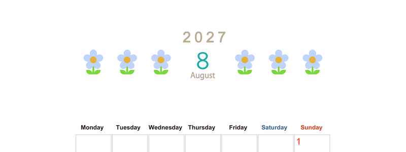 2027年カレンダー(印刷用・無料)8月は縦型月曜始まりでおしゃれな花のイラストが暮らしに癒しを与えてくれる 【No.202701310811】