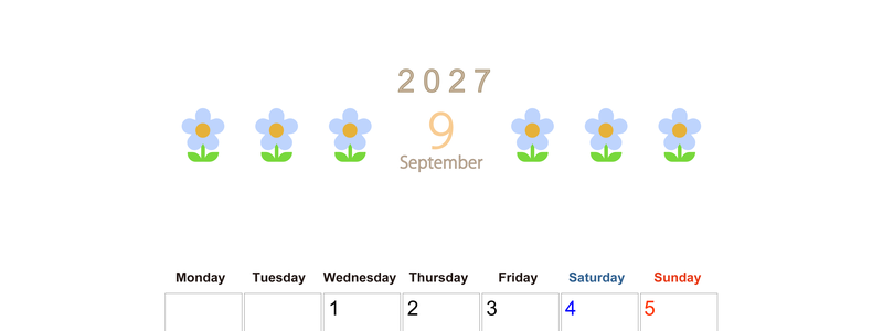2027年カレンダー(印刷用・無料)9月は縦型月曜始まりでおしゃれな花のイラストが暮らしに癒しを与えてくれる 【No.202701310911】