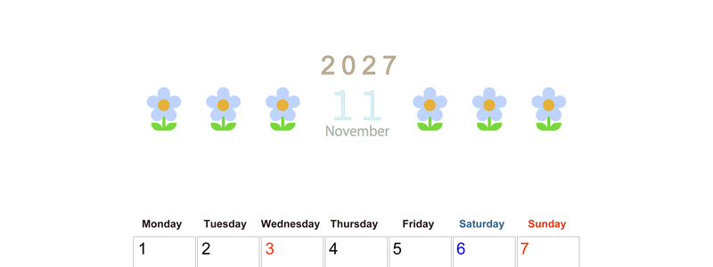 2027年カレンダー(印刷用・無料)11月は縦型月曜始まりでおしゃれな花のイラストが暮らしに癒しを与えてくれる 【No.202701311111】