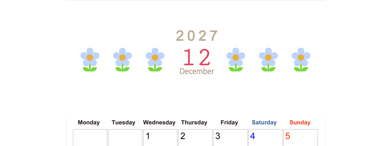 2027年カレンダー(印刷用・無料)12月は縦型月曜始まりでおしゃれな花のイラストが暮らしに癒しを与えてくれる 【No.202701311211】