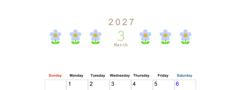 2027年カレンダー(印刷用・無料)3月は縦型日曜始まりでおしゃれな花のイラストが暮らしに癒しを与えてくれる 【No.202701310310】