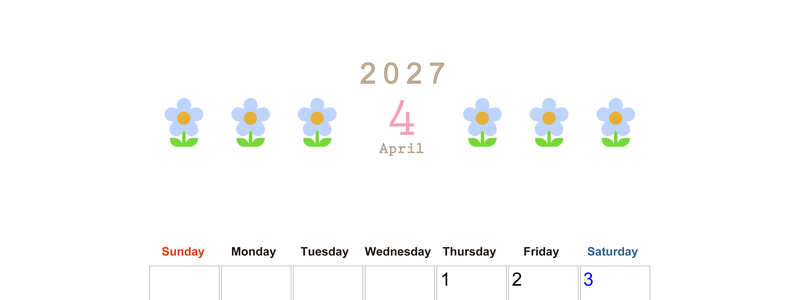 2027年カレンダー(印刷用・無料)4月は縦型日曜始まりでおしゃれな花のイラストが暮らしに癒しを与えてくれる 【No.202701310410】
