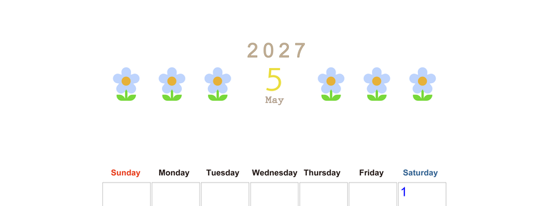 2027年カレンダー(印刷用・無料)5月は縦型日曜始まりでおしゃれな花のイラストが暮らしに癒しを与えてくれる 【No.202701310510】