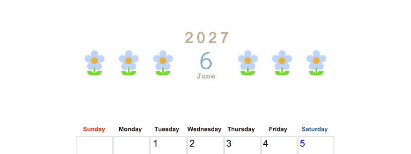 2027年カレンダー(印刷用・無料)6月は縦型日曜始まりでおしゃれな花のイラストが暮らしに癒しを与えてくれる 【No.202701310610】
