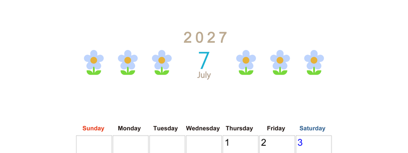 2027年カレンダー(印刷用・無料)7月は縦型日曜始まり でおしゃれな花のイラストが暮らしに癒しを与えてくれる 【No.202701310710】