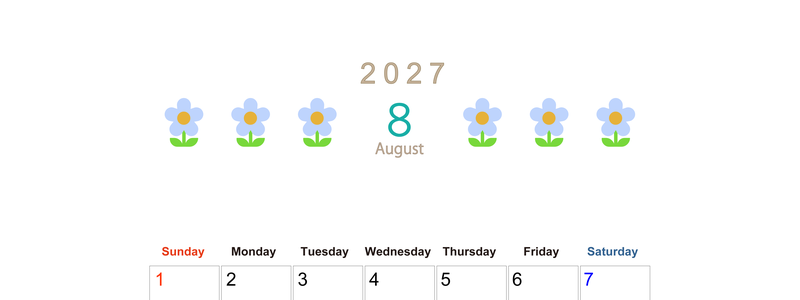 2027年カレンダー(印刷用・無料)8月は縦型日曜始まりでおしゃれな花のイラストが暮らしに癒しを与えてくれる 【No.202701310810】