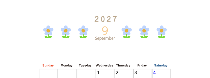 2027年カレンダー(印刷用・無料)9月は縦型日曜始まりでおしゃれな花のイラストが暮らしに癒しを与えてくれる 【No.202701310910】