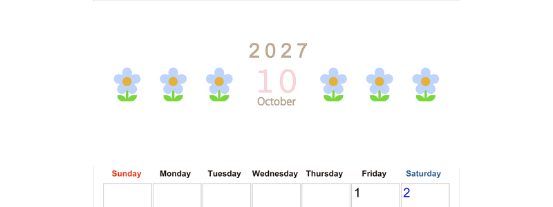 2027年カレンダー(印刷用・無料)10月は縦型日曜始まりでおしゃれな花のイラストが暮らしに癒しを与えてくれる 【No.202701311010】