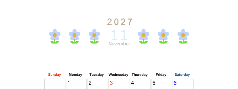 2027年カレンダー(印刷用・無料)11月は縦型日曜始まりでおしゃれな花のイラストが暮らしに癒しを与えてくれる 【No.202701311110】