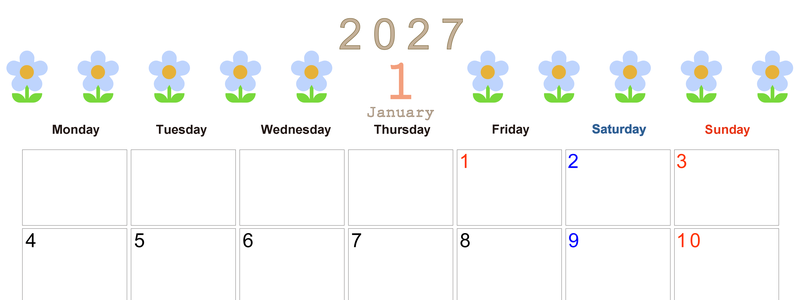 2027年カレンダー(印刷用・無料)1月は横型月曜始まりでおしゃれな花のイラストが暮らしに癒しを与えてくれる 【No.202701310101】