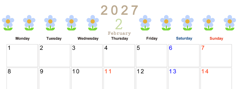 2027年カレンダー(印刷用・無料)2月は横型月曜始まりでおしゃれな花のイラストが暮らしに癒しを与えてくれる 【No.202701310201】