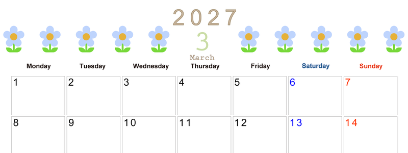 2027年カレンダー(印刷用・無料)3月は横型月曜始まりでおしゃれな花のイラストが暮らしに癒しを与えてくれる 【No.202701310301】