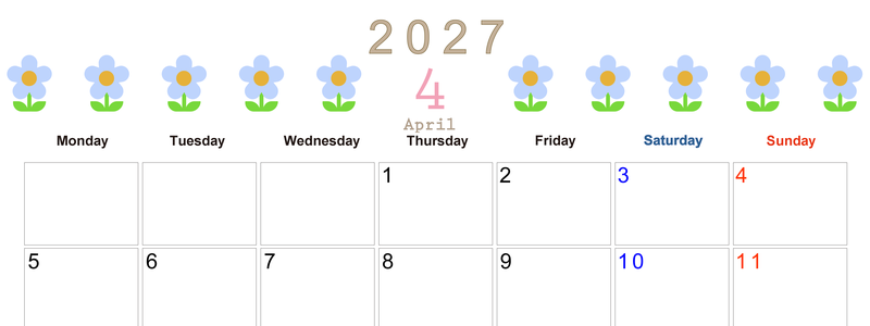 2027年カレンダー(印刷用・無料)4月は横型月曜始まりでおしゃれな花のイラストが暮らしに癒しを与えてくれる 【No.202701310401】