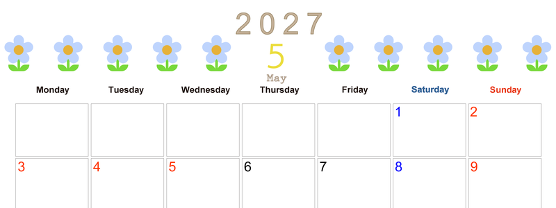 2027年カレンダー(印刷用・無料)5月は横型月曜始まりでおしゃれな花のイラストが暮らしに癒しを与えてくれる 【No.202701310501】