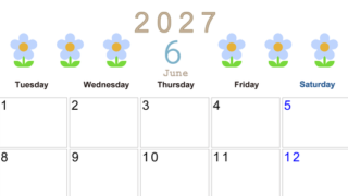 2027年カレンダー(印刷用・無料)6月は横型月曜始まりでおしゃれな花のイラストが暮らしに癒しを与えてくれる 【No.202701310601】