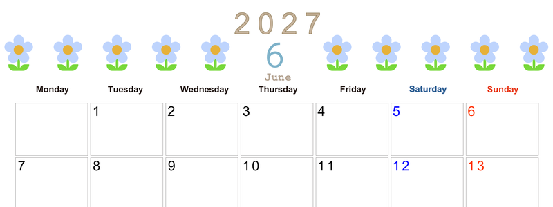 2027年カレンダー(印刷用・無料)6月は横型月曜始まりでおしゃれな花のイラストが暮らしに癒しを与えてくれる 【No.202701310601】