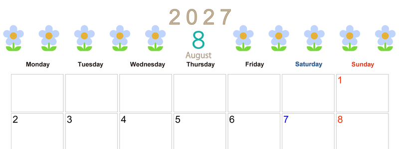 2027年カレンダー(印刷用・無料)8月は横型月曜始まりでおしゃれな花のイラストが暮らしに癒しを与えてくれる 【No.202701310801】