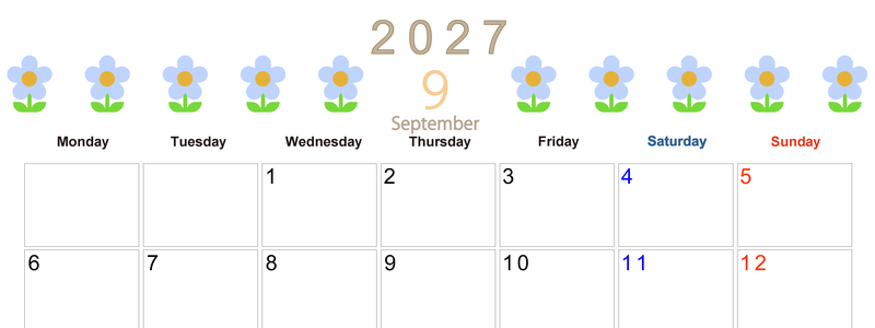 2027年カレンダー(印刷用・無料)9月は横型月曜始まりでおしゃれな花のイラストが暮らしに癒しを与えてくれる 【No.202701310901】