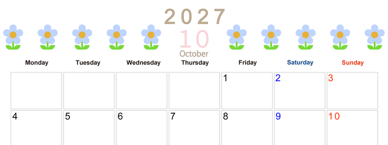 2027年カレンダー(印刷用・無料)10月は横型月曜始まりでおしゃれな花のイラストが暮らしに癒しを与えてくれる 【No.202701311001】