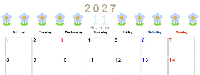 2027年カレンダー(印刷用・無料)11月は横型月曜始まりでおしゃれな花のイラストが暮らしに癒しを与えてくれる 【No.202701311101】