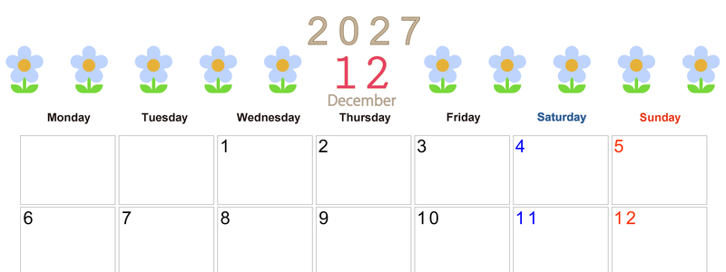 2027年カレンダー(印刷用・無料)12月は横型月曜始まりでおしゃれな花のイラストが暮らしに癒しを与えてくれる 【No.202701311201】