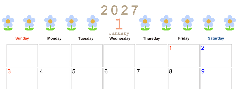 2027年カレンダー(印刷用・無料)1月は横型日曜始まりでおしゃれな花のイラストが暮らしに癒しを与えてくれる 【No.202701310100】