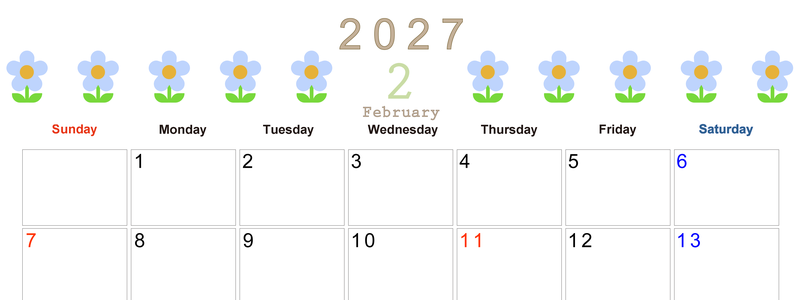 2027年カレンダー(印刷用・無料)2月は横型日曜始まりでおしゃれな花のイラストが暮らしに癒しを与えてくれる 【No.202701310200】
