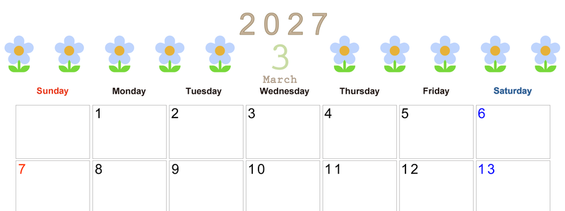 2027年カレンダー(印刷用・無料)3月は横型日曜始まりでおしゃれな花のイラストが暮らしに癒しを与えてくれる 【No.202701310300】