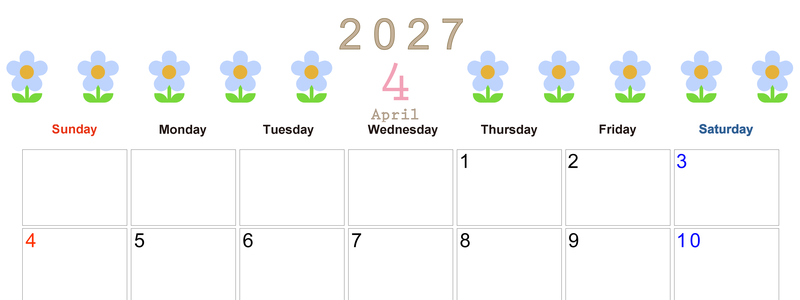 2027年カレンダー(印刷用・無料)4月は横型日曜始まりでおしゃれな花のイラストが暮らしに癒しを与えてくれる 【No.202701310400】