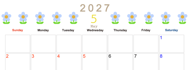 2027年カレンダー(印刷用・無料)5月は横型日曜始まりでおしゃれな花のイラストが暮らしに癒しを与えてくれる 【No.202701310500】